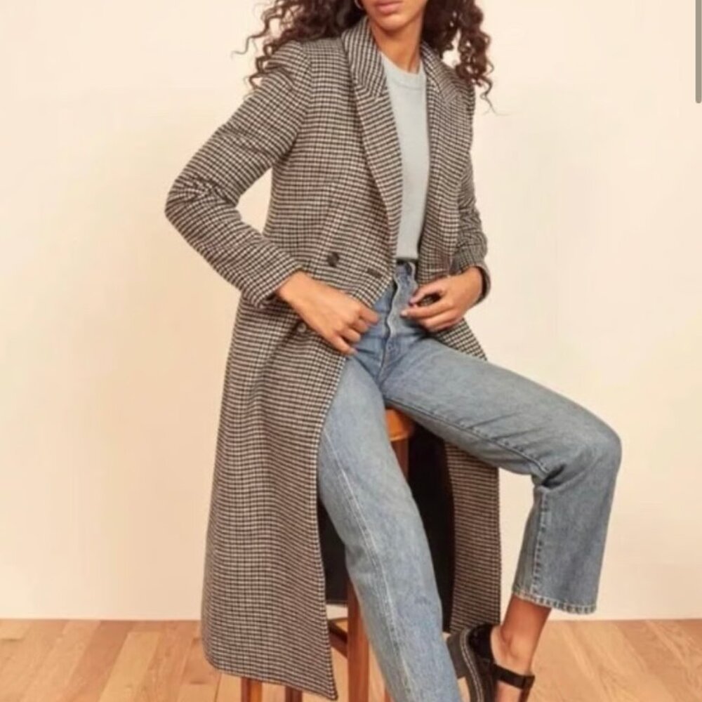 Reformation York Wool Trench Coat - Black and white check - XS